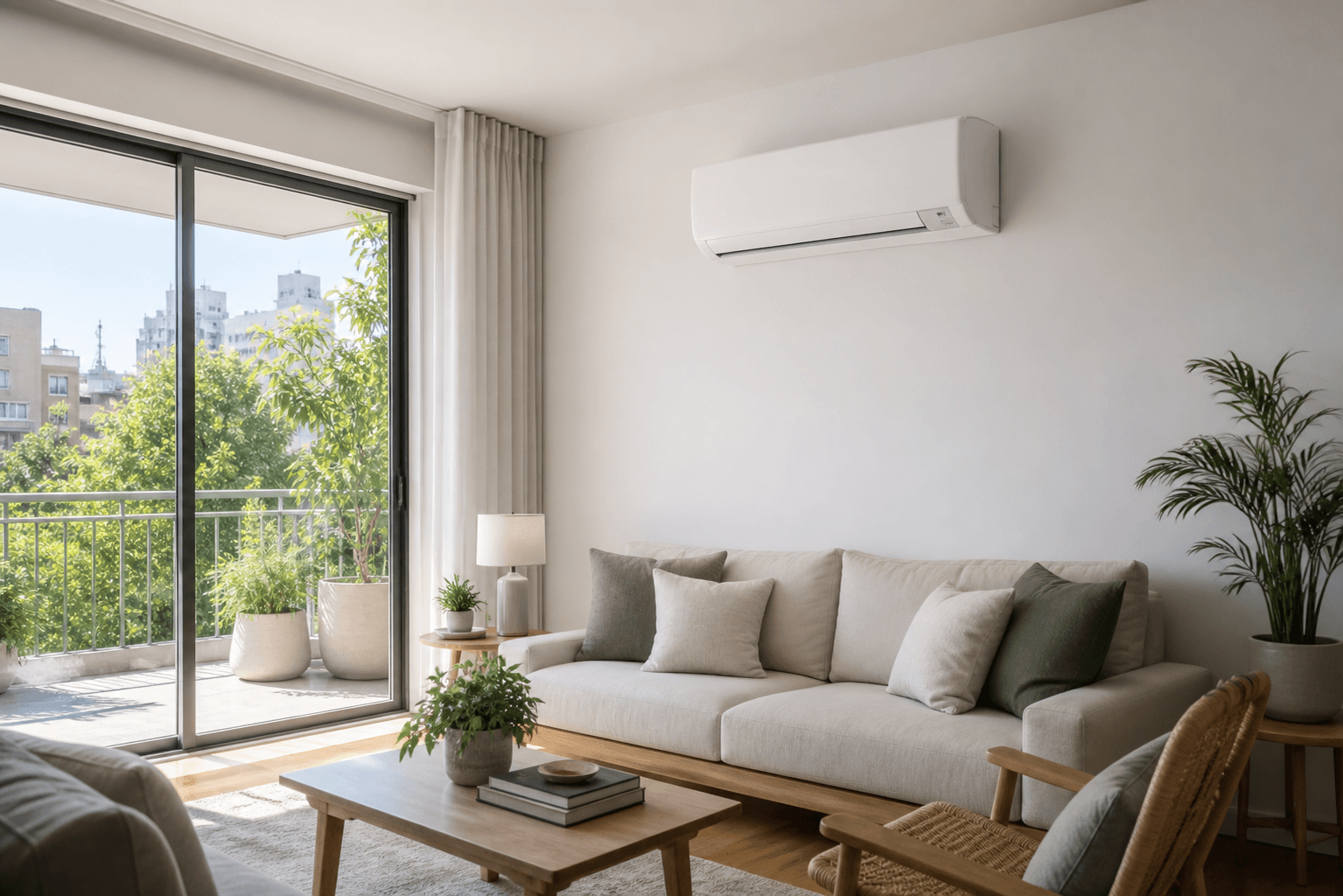 Living moderno con aire acondicionado split instalado